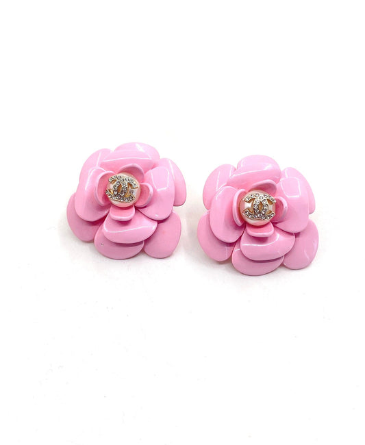 18K Chanel Pink Camellia Resin Earrings