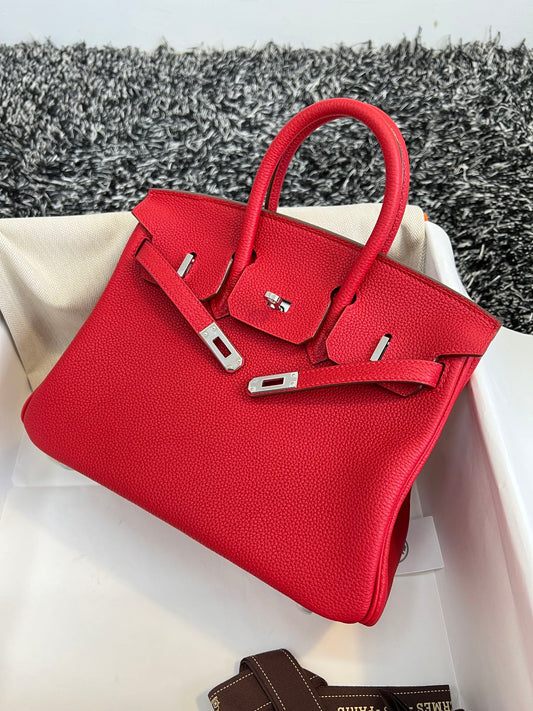 HERMES BIRKIN 25CM RED TOGO LEATHER SILVER HARDWARE