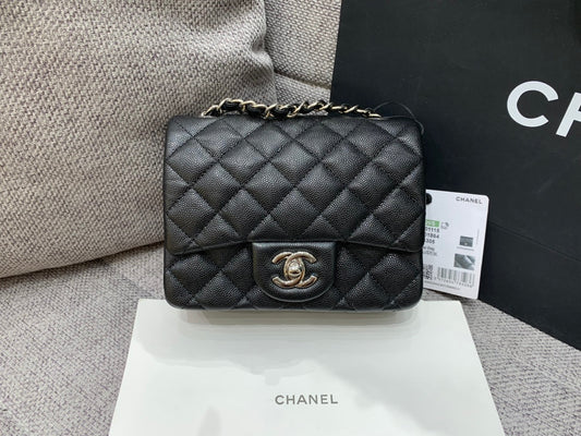 CHANEL MINI SQUARE FLAP BAG 17CM BLACK CAVIAR SILVER HARDWARE