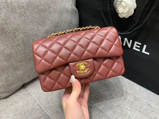CHANEL MINI RECTANGLE FLAP BAG 20CM BURGUNDY LAMBSKIN GOLD HARDWARE