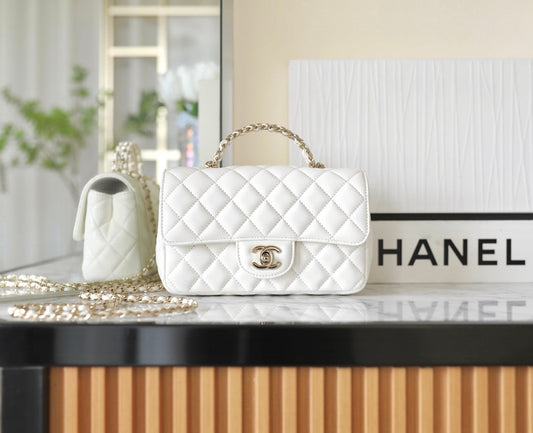 CHANEL MINI RECTANGLE FLAP BAG TOP HANDLE 20CM WHITE LAMBSKIN SILVER HARDWARE