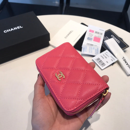 CHANEL ZIPPED COIN BASIC PURSE 11 RED PINK CALFSKIN GOLD ICON