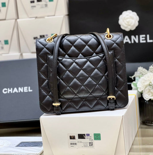 CHANEL 25S MEDIUM FLAP BAG 25 IN BLACK CALFSKIN GOLD HARDWARE
