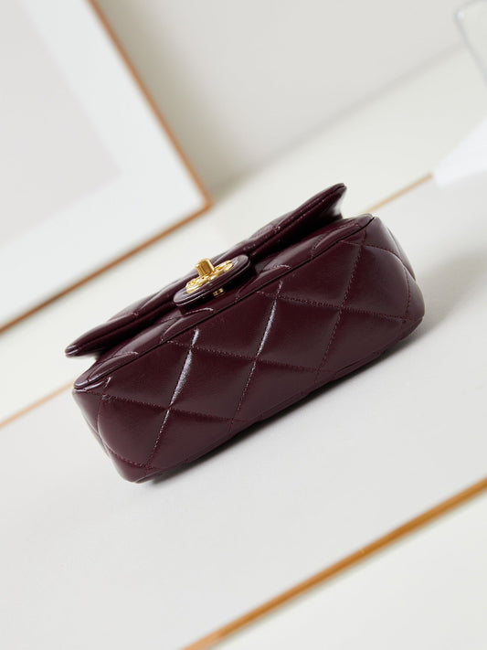 CHANEL FLAP BAG WITH TOP HANDLE 18 IN WINE RED OIL-WAX LAMBSKIN GOLD HARDWARE