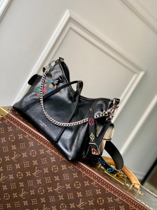 LOUIS VUITTON CARRYALL CARGO VIBE PM 33.5 IN BLACK LAMBSKIN COLORFUL MONOGRAM TAG