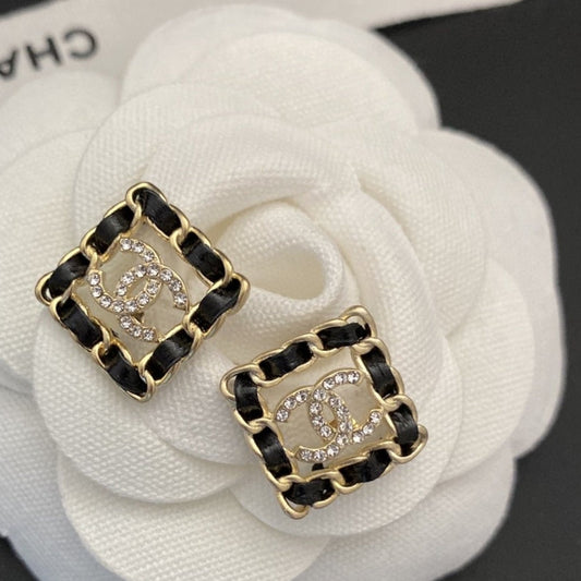 18K Chanel Square Leather Earrings