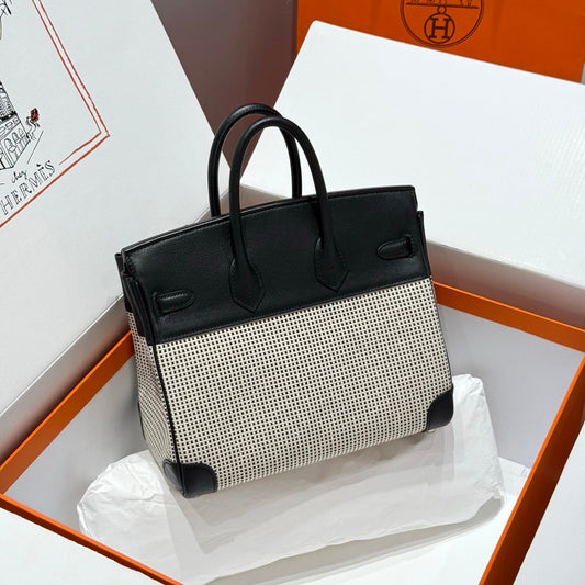 HERMES QUADRILLE BIRKIN 25CM IN BLACK SWIFT CALFSKIN WHITE BLACK PLAID TOILE CANVAS