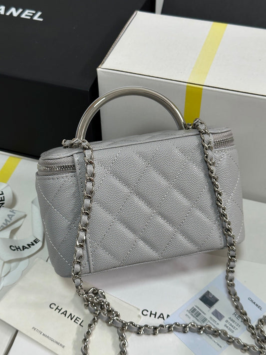 CHANEL MINI VANITY TOP HANDLE CASE 17 IN GREY CAVIAR SKIN SILVER-TONE PLATED METAL