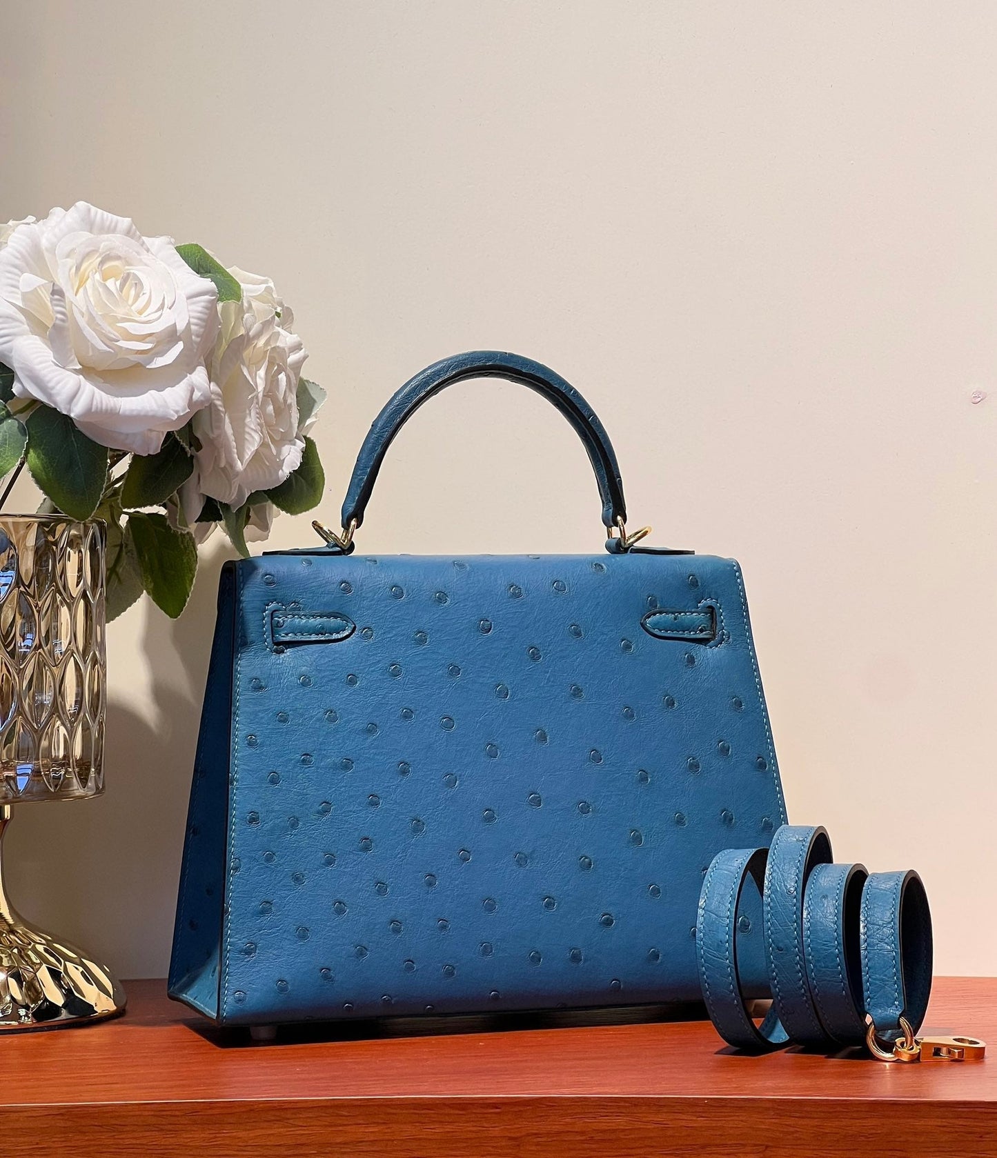 HERMES KELLY SELLIER 25 BAG IN ROYAL BLUE OSTRICH LEATHER