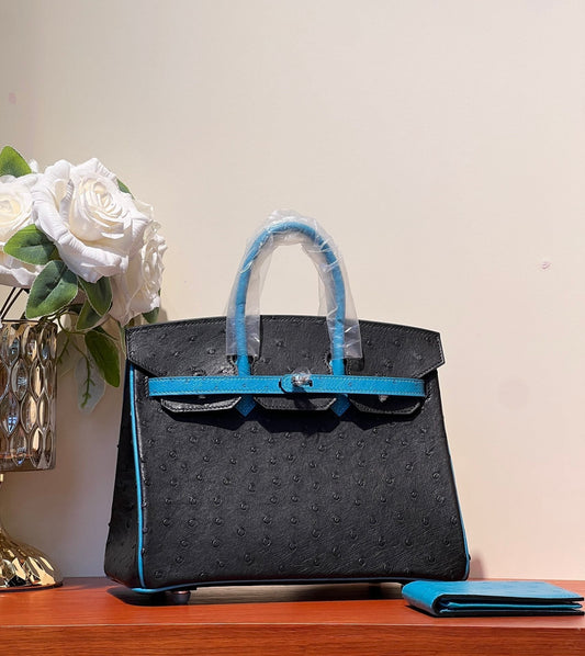 HERMES KELLY SELLIER 25 BAG IN BLACK MIX OCEAN BLUE OSTRICH LEATHER