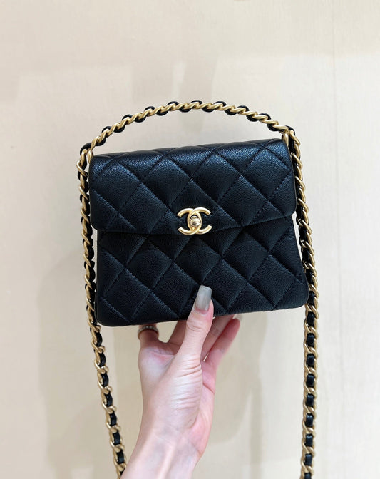 CHANEL 25S TOTE CROSSBODY BAG 19 IN BLACK CALFSKIN WITH METAL HANDLE