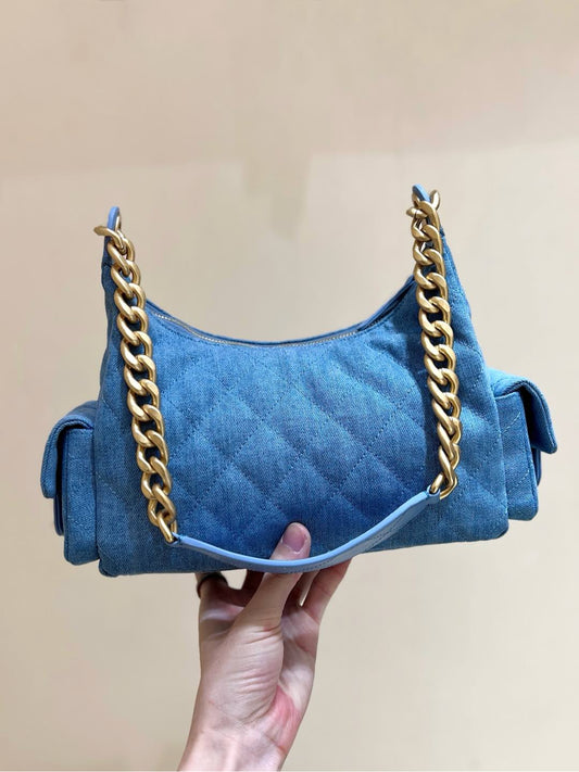 CHANEL 25S MEDIUM HOBO BAG 31 IN LIGHT BLUE DENIM GOLD HARDWARE