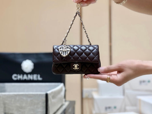 CHANEL 25S MINI CF BAG 12 IN DARK BROWN LAMBSKIN HEART MODEL