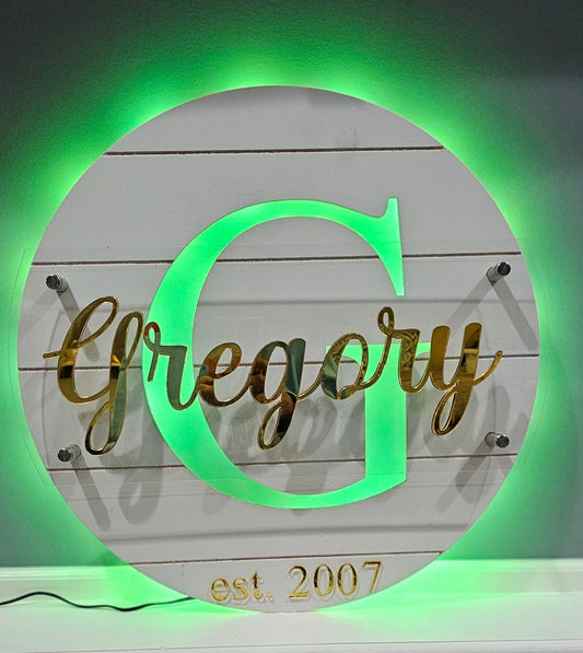 Personalized Wood Family LED Round Wall Art Sign, Home Decor, Sign, Gift, Illuminated Text, Personalized Sign, Handmade, Wall Decor, Custom Made, Logo,