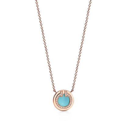 18K Tiffany Diamond & Turquoise Circle Pendant Necklace