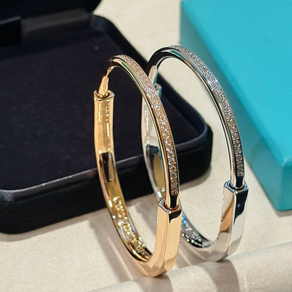18K Tiffany Lock Bangle Half Pave Diamonds Bracelet