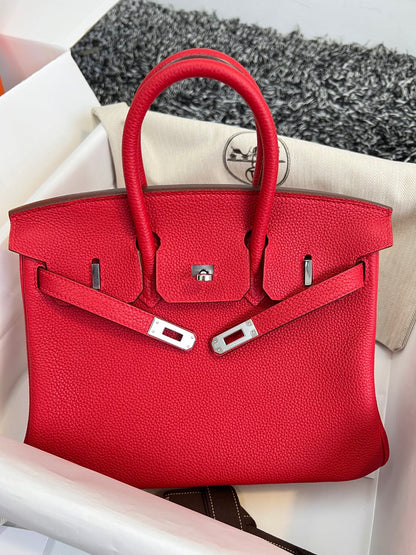HERMES BIRKIN 25CM RED TOGO LEATHER SILVER HARDWARE