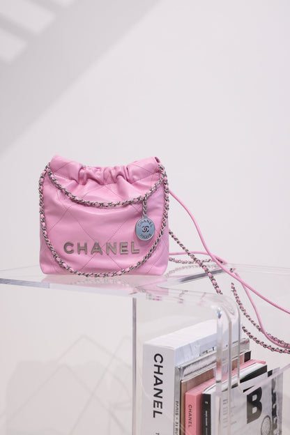 CHANEL HOBO BAG 22 PINK LAMBSKIN SILVER HARDWARE 20CM
