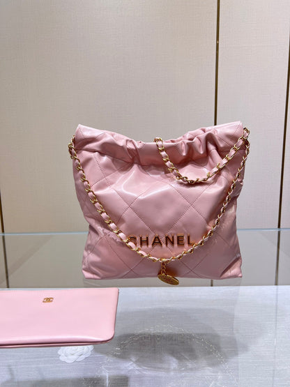 CHANEL HOBO BAG 22 PINK LAMBSKIN GOLD HARDWARE