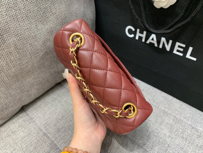 CHANEL MINI SQUARE FLAP BAG 17CM BURGUNDY LAMBSKIN GOLD HARDWARE