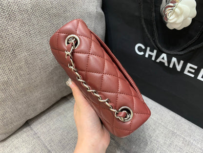CHANEL MINI SQUARE FLAP BAG 17CM BURGUNDY LAMBSKIN SILVER HARDWARE