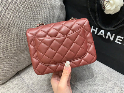 CHANEL MINI SQUARE FLAP BAG 17CM BURGUNDY LAMBSKIN SILVER HARDWARE