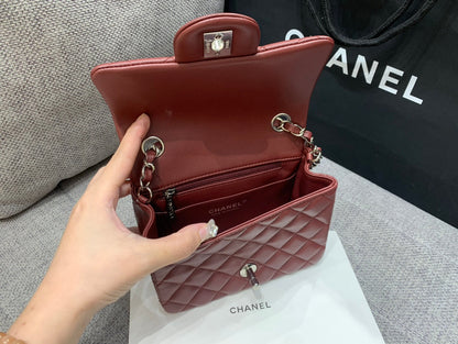 CHANEL MINI SQUARE FLAP BAG 17CM BURGUNDY LAMBSKIN SILVER HARDWARE