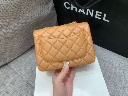 CHANEL MINI SQUARE FLAP BAG 17CM BROWN LAMBSKIN GOLD HARDWARE