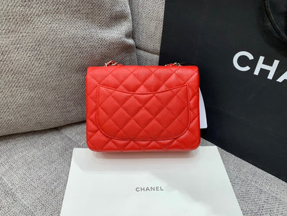 CHANEL MINI SQUARE FLAP BAG 17CM RED CAVIAR SILVER HARDWARE