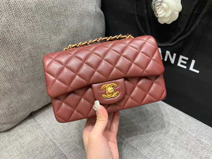 CHANEL MINI RECTANGLE FLAP BAG 20CM BURGUNDY LAMBSKIN GOLD HARDWARE