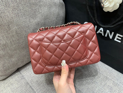 CHANEL MINI RECTANGLE FLAP BAG 20CM BURGUNDY LAMBSKIN SILVER HARDWARE