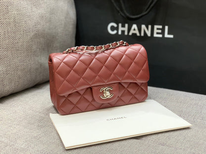CHANEL MINI RECTANGLE FLAP BAG 20CM BURGUNDY LAMBSKIN SILVER HARDWARE