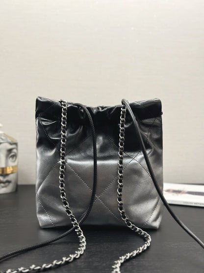 CHANEL HOBO MINI 20CM BLACK GREY LAMBSKIN SILVER HARDWARE