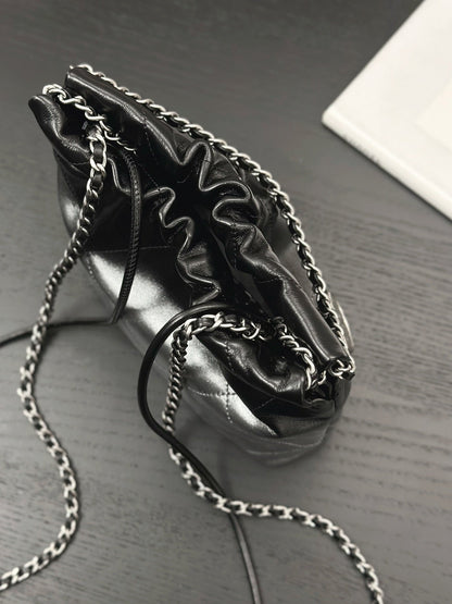 CHANEL HOBO MINI 20CM BLACK GREY LAMBSKIN SILVER HARDWARE