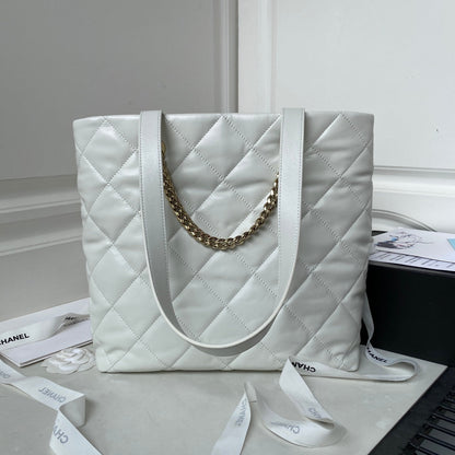 CHANEL 19 TOTE 33CM WHITE LAMBSKIN GOLD HARDWARE