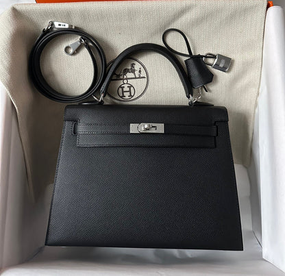 HERMES KELLY 25CM BLACK EPSOM SILVER HARDWARE