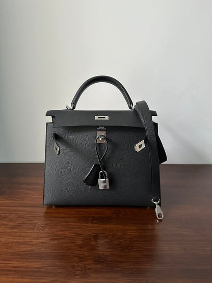 HERMES KELLY 25CM BLACK EPSOM SILVER HARDWARE