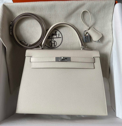 HERMES KELLY 25CM WHITE EPSOM SILVER HARDWARE