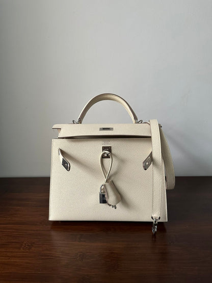 HERMES KELLY 25CM WHITE EPSOM SILVER HARDWARE