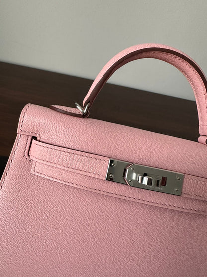 HERMES KELLY MINI 19 PINK CHEVRE SILVER HARDWARE