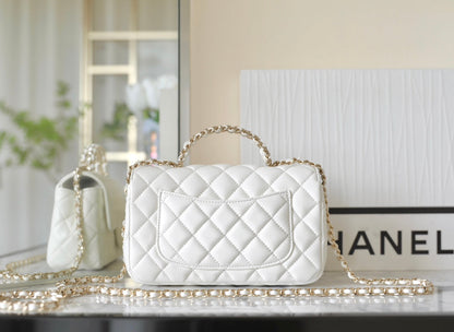 CHANEL MINI RECTANGLE FLAP BAG TOP HANDLE 20CM WHITE LAMBSKIN SILVER HARDWARE