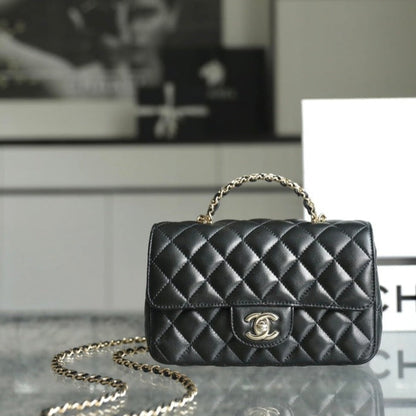 CHANEL MINI RECTANGLE FLAP BAG TOP HANDLE 20CM BLACK LAMBSKIN SILVER HARDWARE