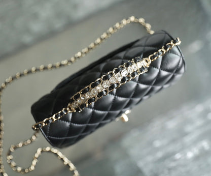 CHANEL MINI RECTANGLE FLAP BAG TOP HANDLE 20CM BLACK LAMBSKIN SILVER HARDWARE