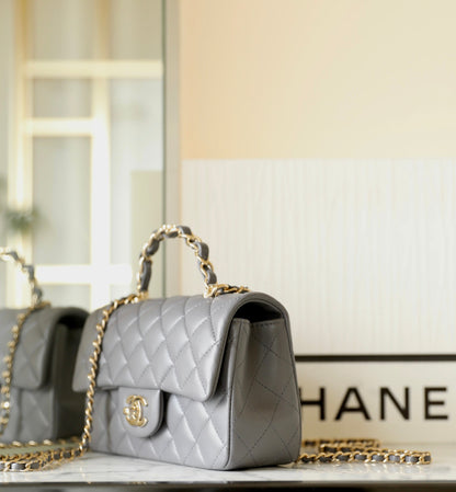 CHANEL MINI RECTANGLE FLAP BAG TOP HANDLE 20CM GREY LAMBSKIN SILVER HARDWARE