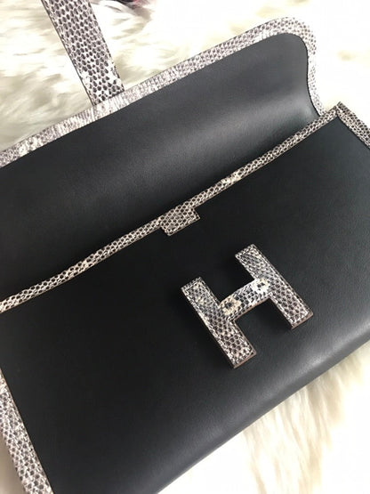 HERMES JIGE ELAN 29 CLUTCH IN BLACK CALFSKIN WITH WHITE LIZARD SKIN