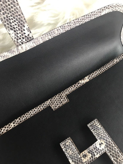 HERMES JIGE ELAN 29 CLUTCH IN BLACK CALFSKIN WITH WHITE LIZARD SKIN