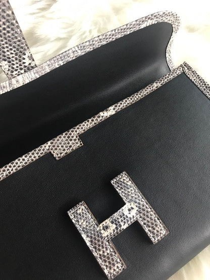 HERMES JIGE ELAN 29 CLUTCH IN BLACK CALFSKIN WITH WHITE LIZARD SKIN