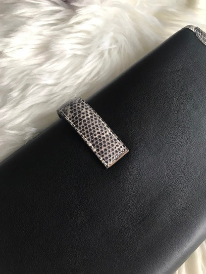 HERMES JIGE ELAN 29 CLUTCH IN BLACK CALFSKIN WITH WHITE LIZARD SKIN