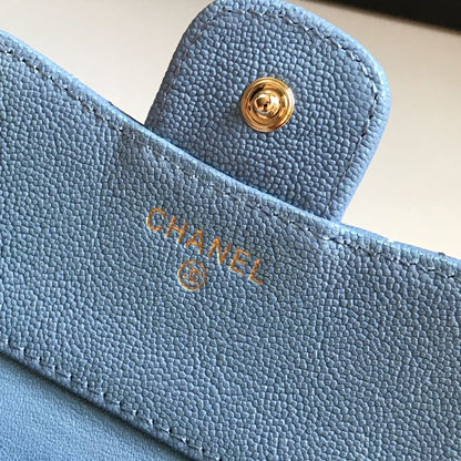 CHANEL FLAP CARD HOLDER 11.5 SKY GRAINED CALFSKIN GOLD ICON