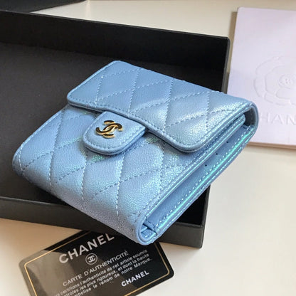 CHANEL FLAP CARD HOLDER 11.5 SKY GRAINED CALFSKIN GOLD ICON